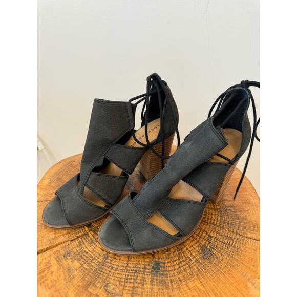 Lucky Brand Sandals Lanita heeled sandals black stacked heel leather 10M outsole - Picture 2 of 11